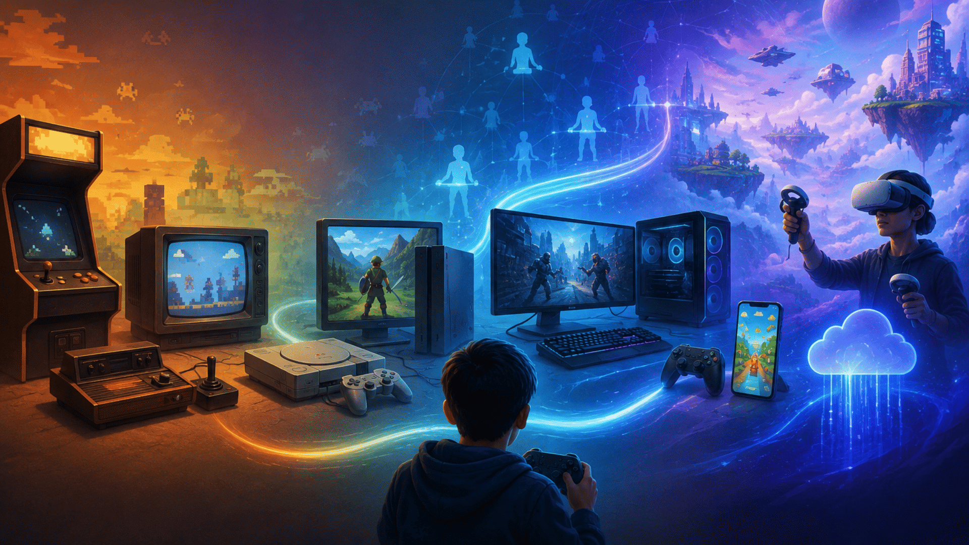 Digital illustration of gaming's evolution from retro arcades and consoles to mobile, AI, and cloud gaming.
