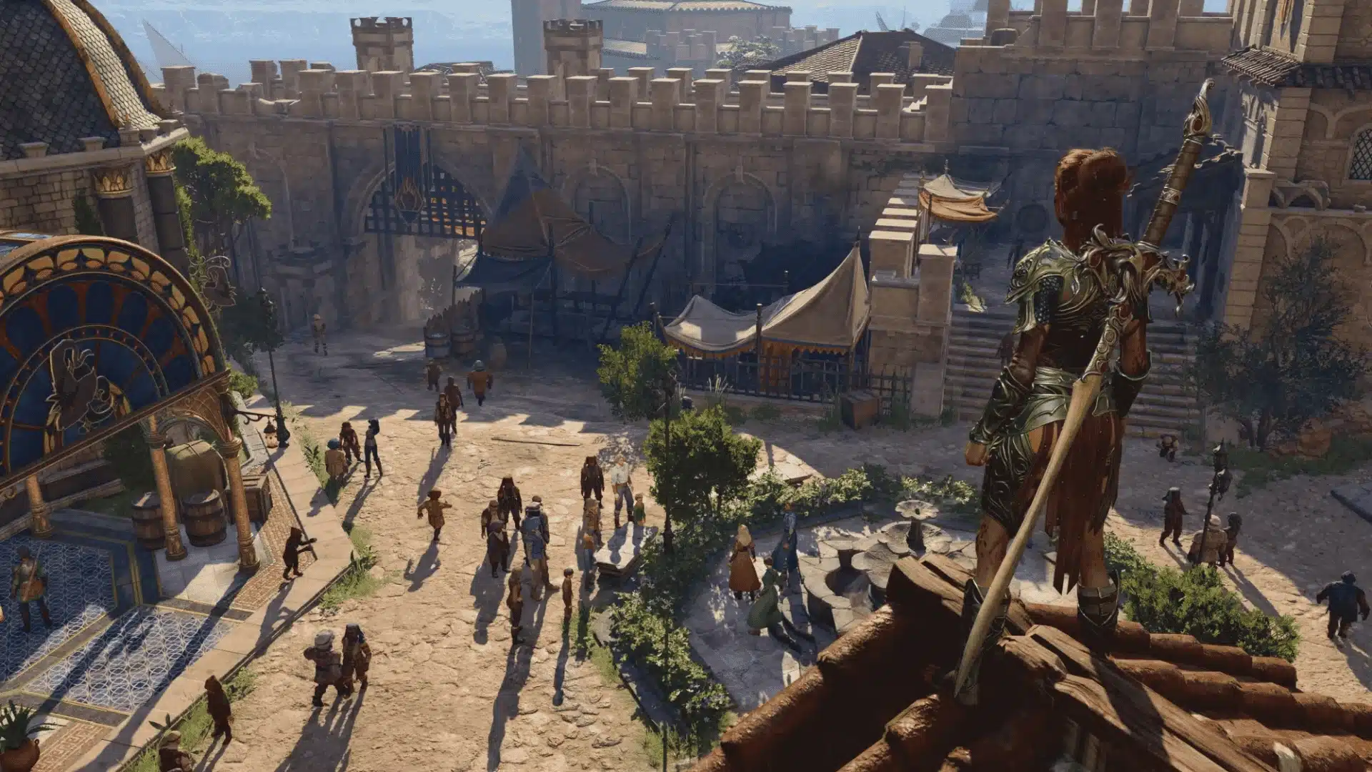 Baldur's Gate 3 gameplay showing Lae'zel overlooking a bustling city courtyard from a rooftop.