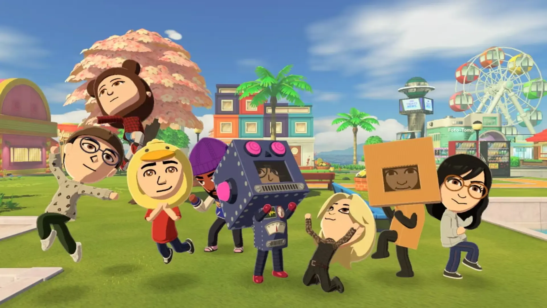 Tomodachi Life: Living the Dream Miis gathered together on a colorful island with amusement park scenery.