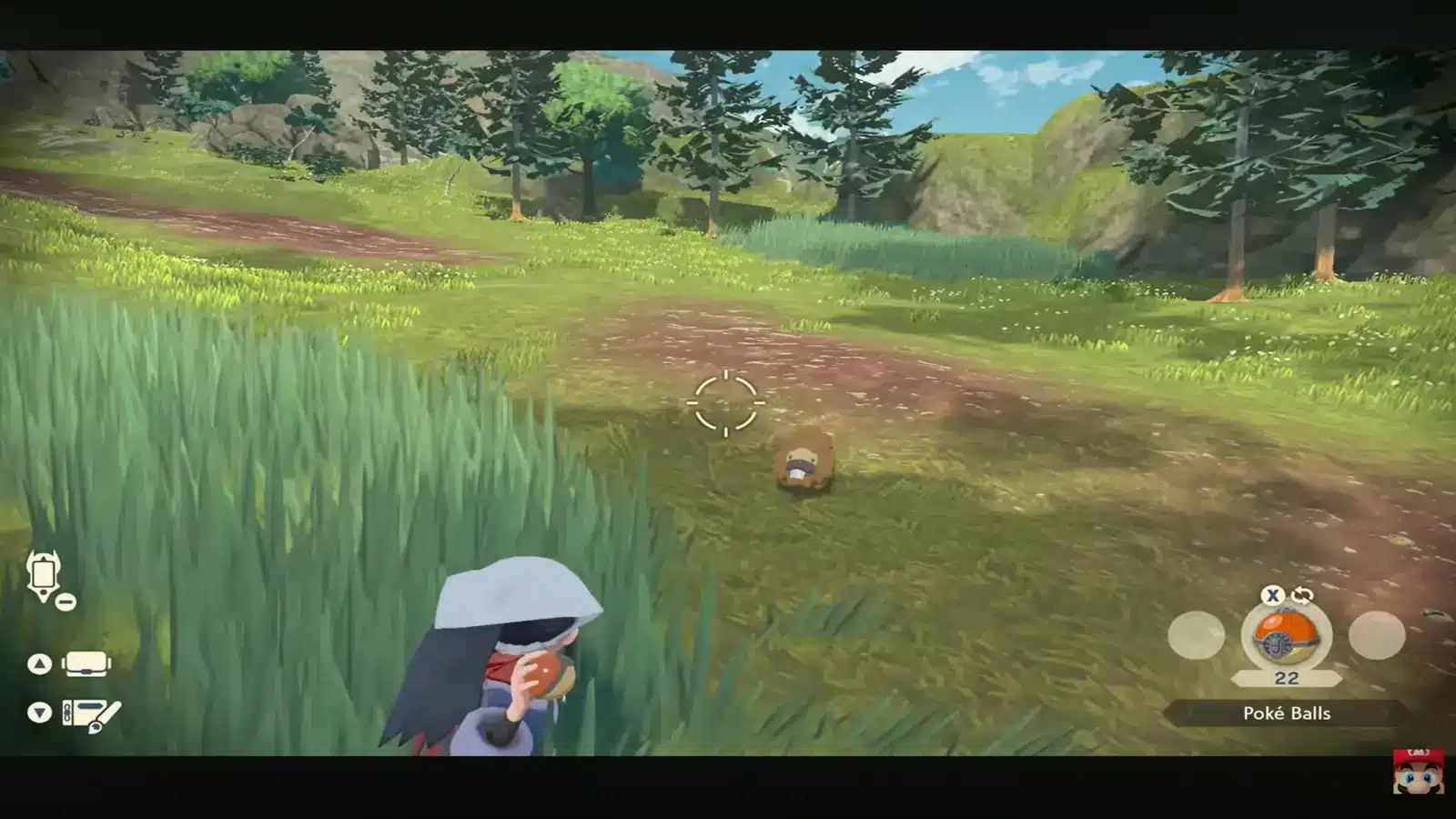 Player aiming a Pokéball at a Bidoof from tall grass in Pokémon Legends: Arceus