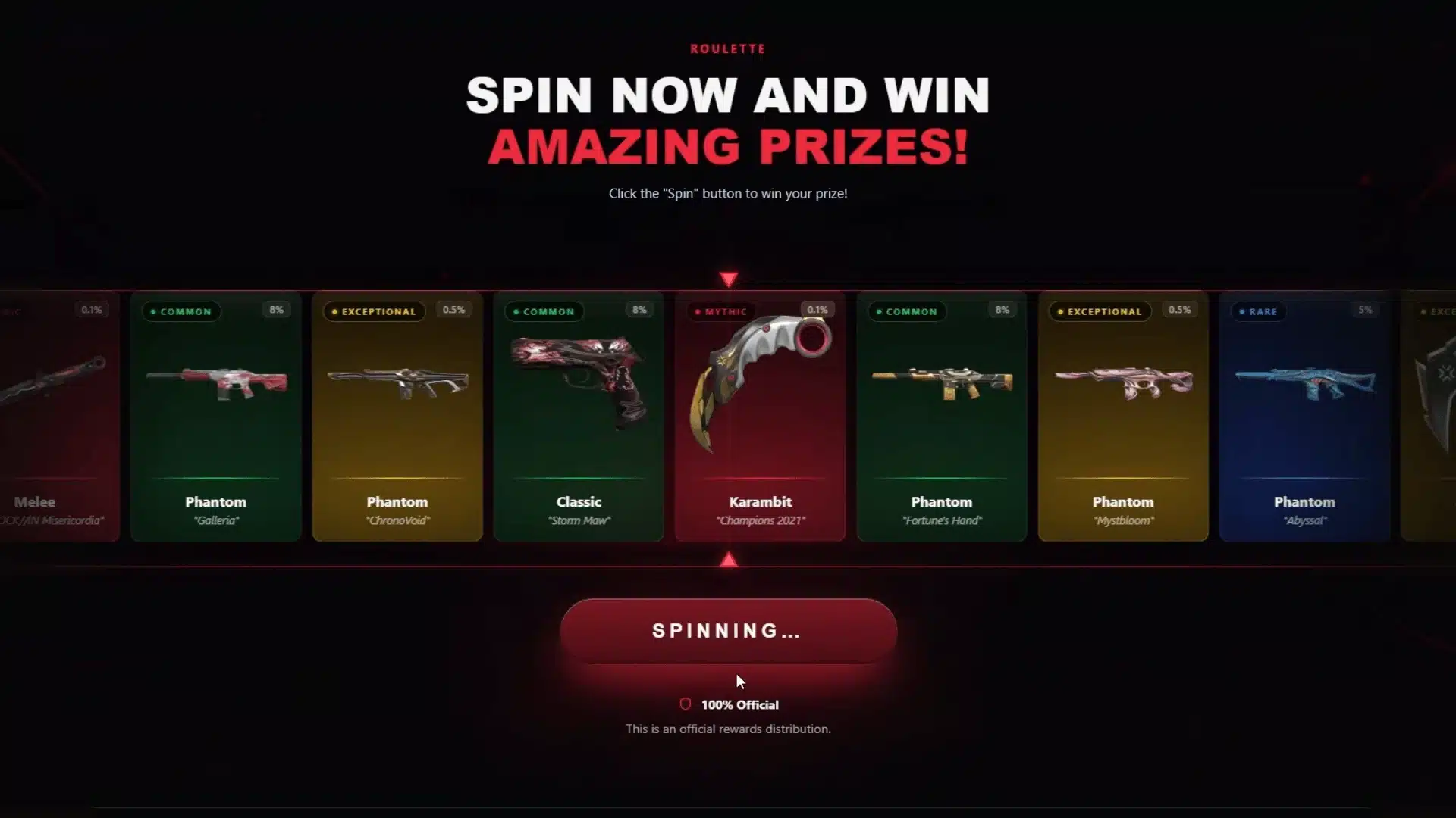 Valorant-themed prize roulette showing weapon skins, rarity levels, and a spinning Karambit reward.