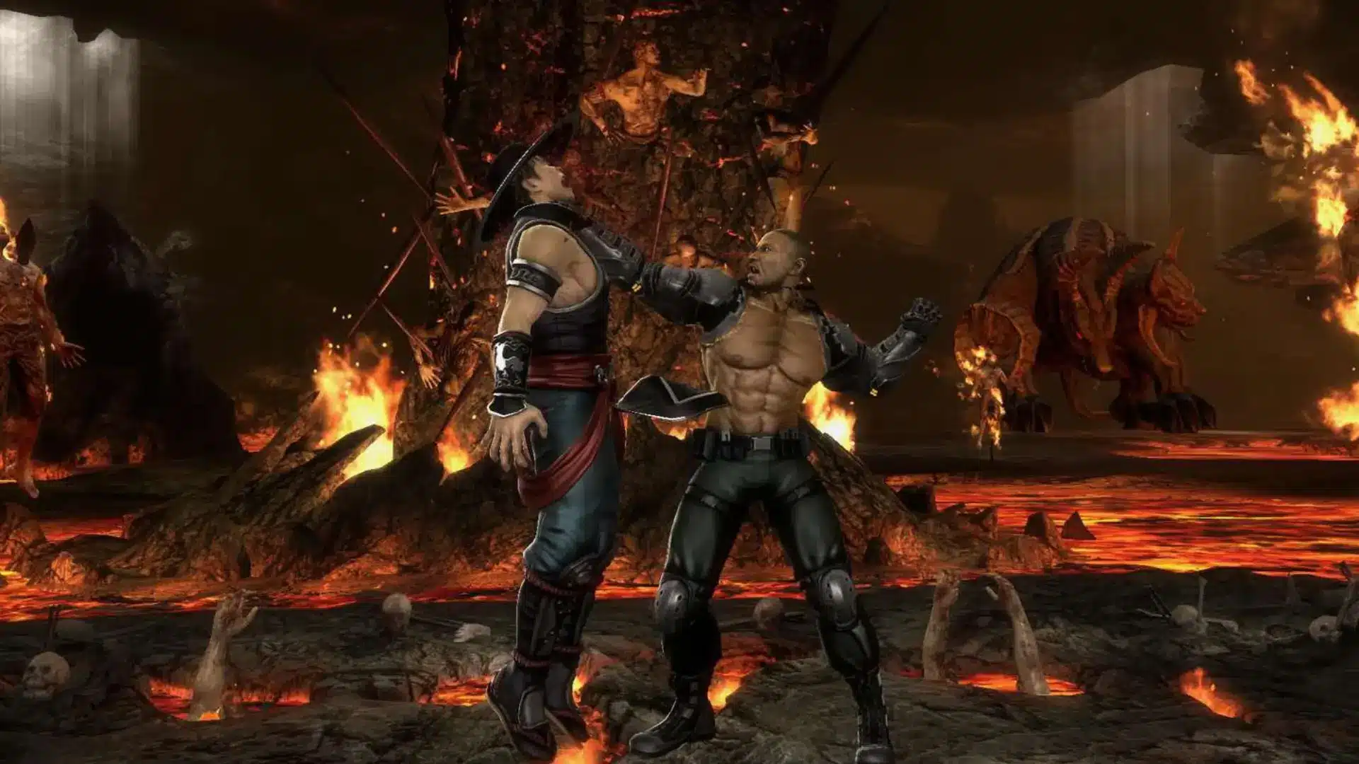 Two fighters Jax and Kung Lao clash in a fiery lava arena surrounded by demons and burning ruins below