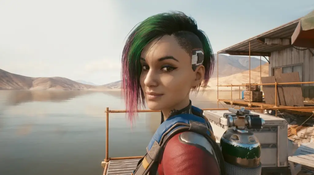 Judy Alvarez standing on a lakeside pier with a diving tank in Cyberpunk 2077 Pyramid Song romance quest