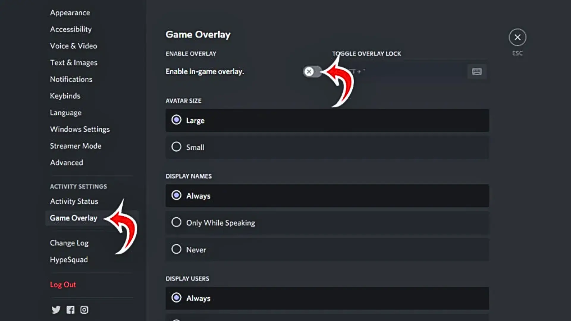 Discord Game Overlay settings page showing the Game Overlay option and disabled in-game overlay toggle