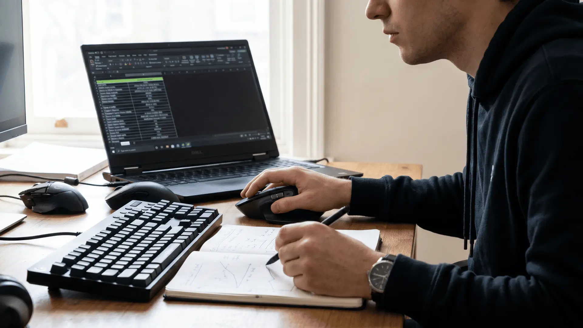 Gamer comparing two gaming peripherals while consulting a laptop for reviews