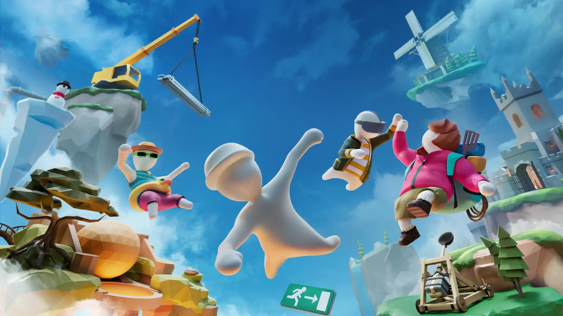 Colorful characters leap between floating islands in a chaotic cooperative game world