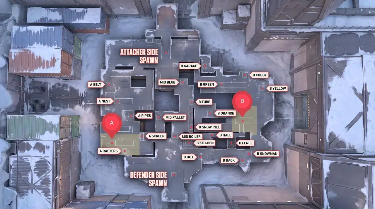 Valorant Icebox frozen map layout showing A and B spike sites, mid boiler and pallet control.