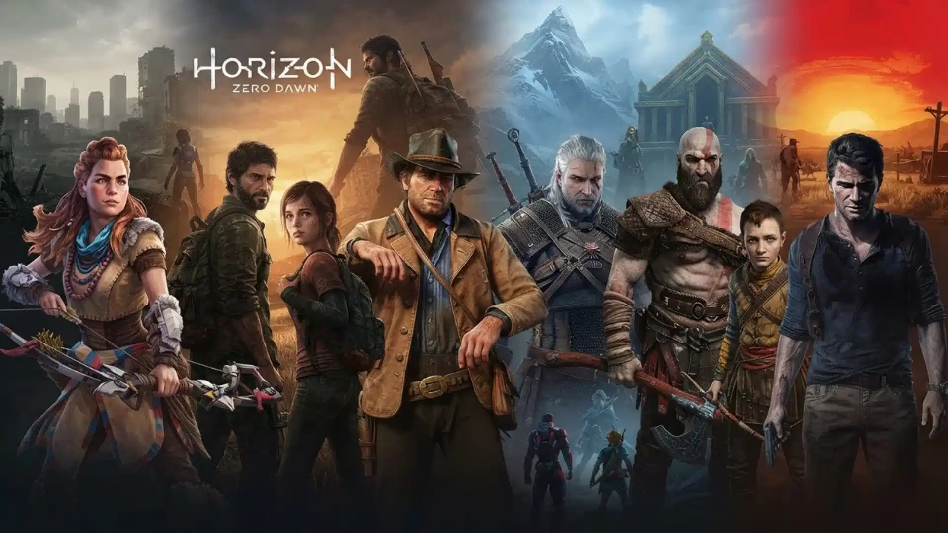 A collage featuring famous video game characters like Aloy, Joel, Ellie, Arthur Morgan, Geralt, Kratos, and Nathan Drake.