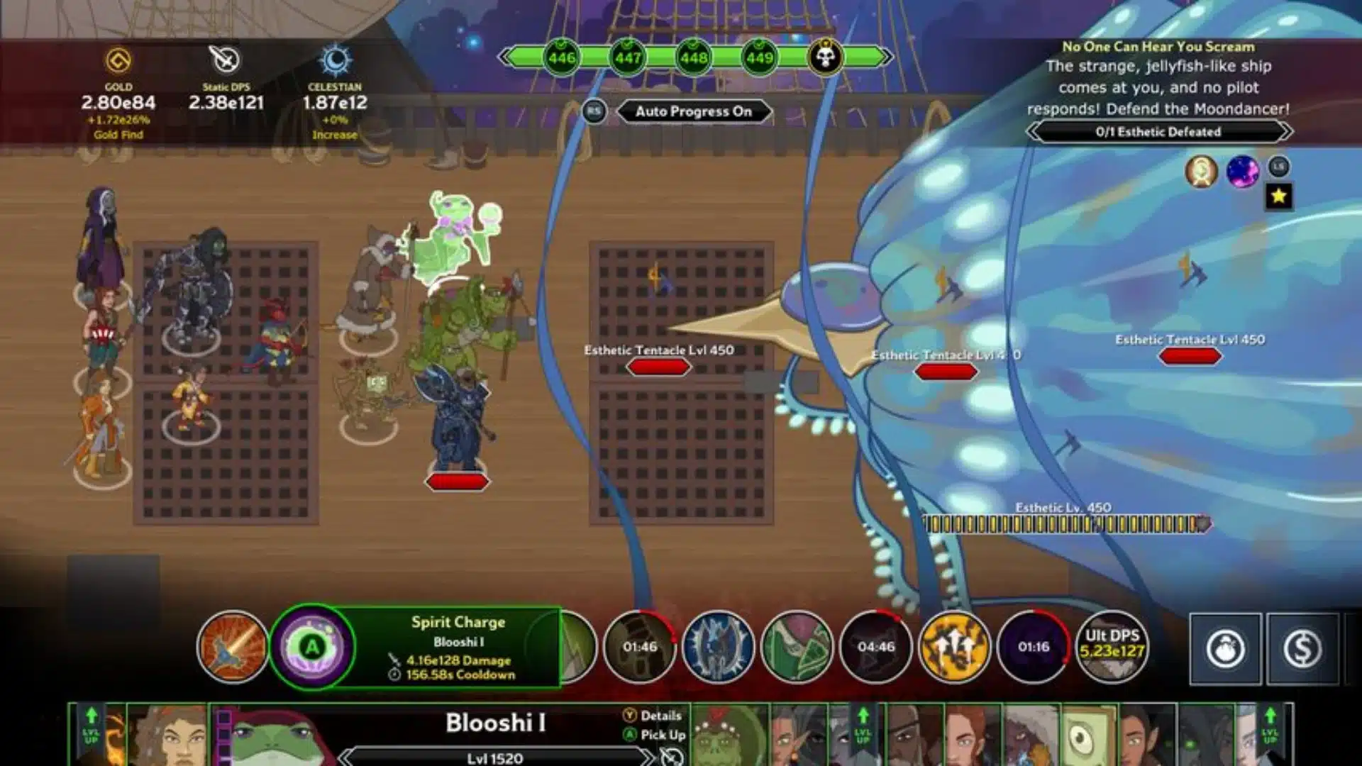 Idle Champions battle showing heroes fighting giant tentacles aboard a wooden ship