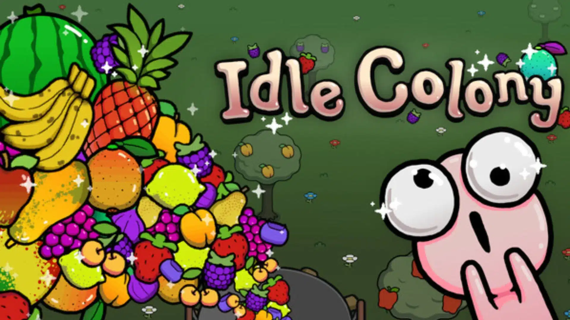 Idle Colony artwork showing colorful fruit, a surprised character, and the game logo