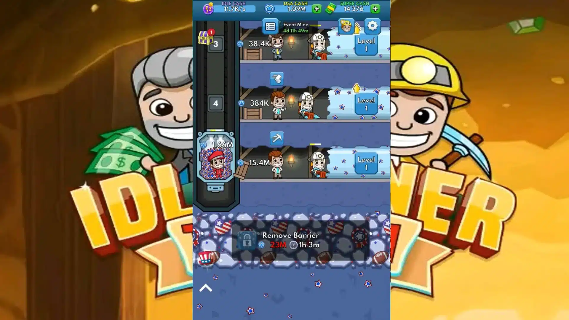 Idle Miner Tycoon gameplay showing mine shafts, workers, cash totals, and upgrade levels