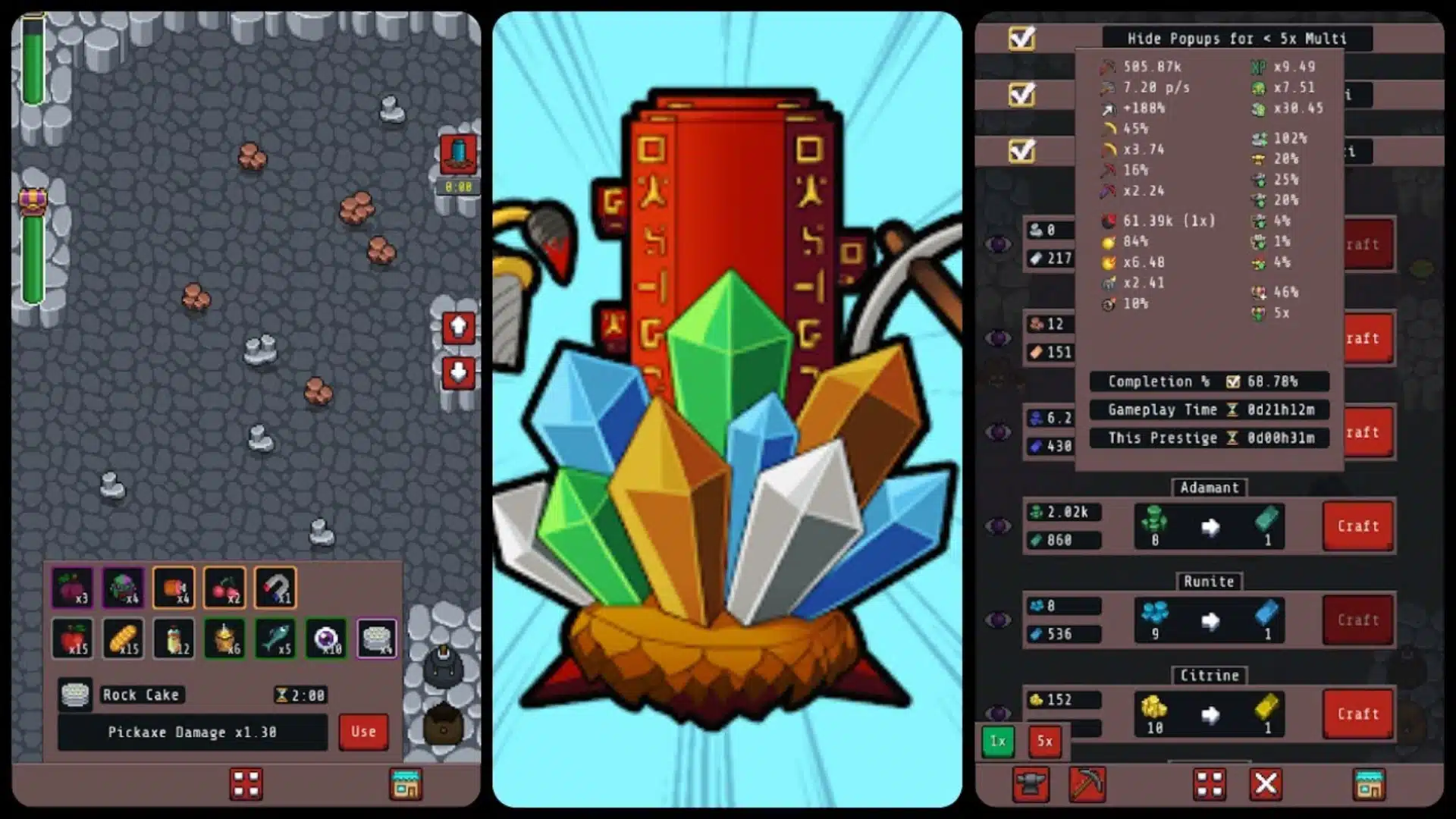 Idle Obelisk Miner gameplay showing mining, crystals, crafting, and prestige stats