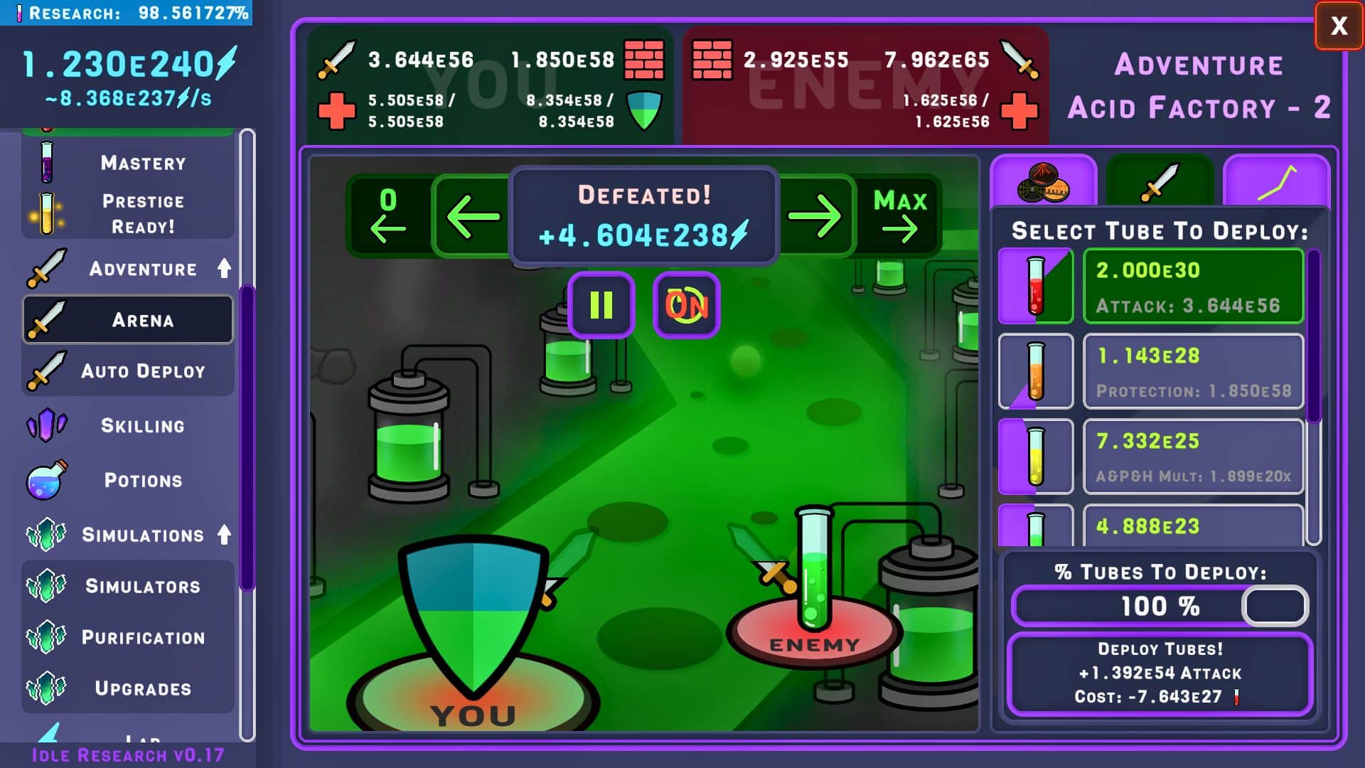 Idle Research gameplay screen showing resource management and battle systems