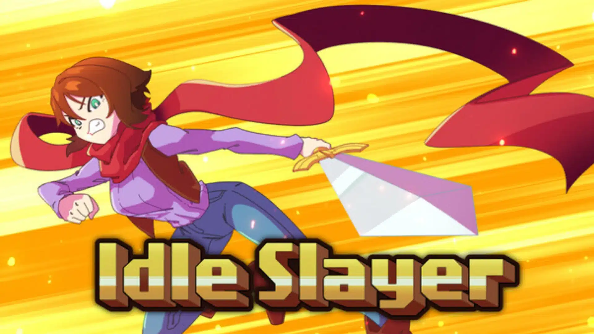 Idle Slayer artwork showing a sword-wielding hero running with a flowing red scarf