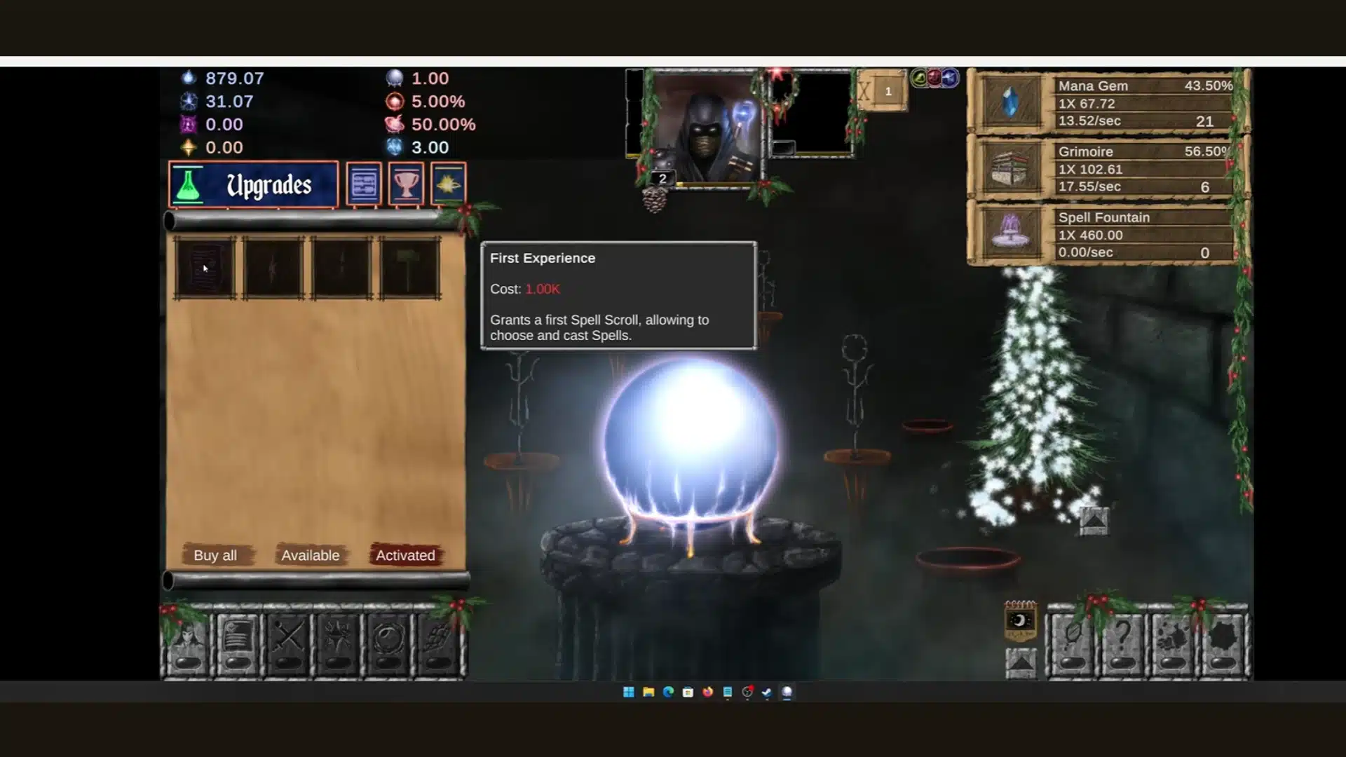 Idle Wizard gameplay showing magical orb, upgrades, resources, and wizard interface