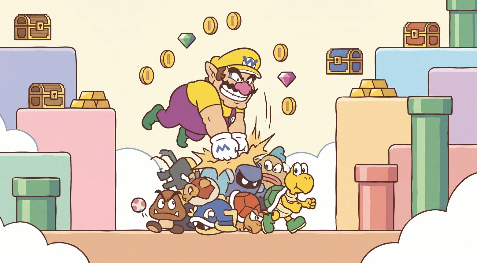 Wario collecting treasure and defeating enemies in a level