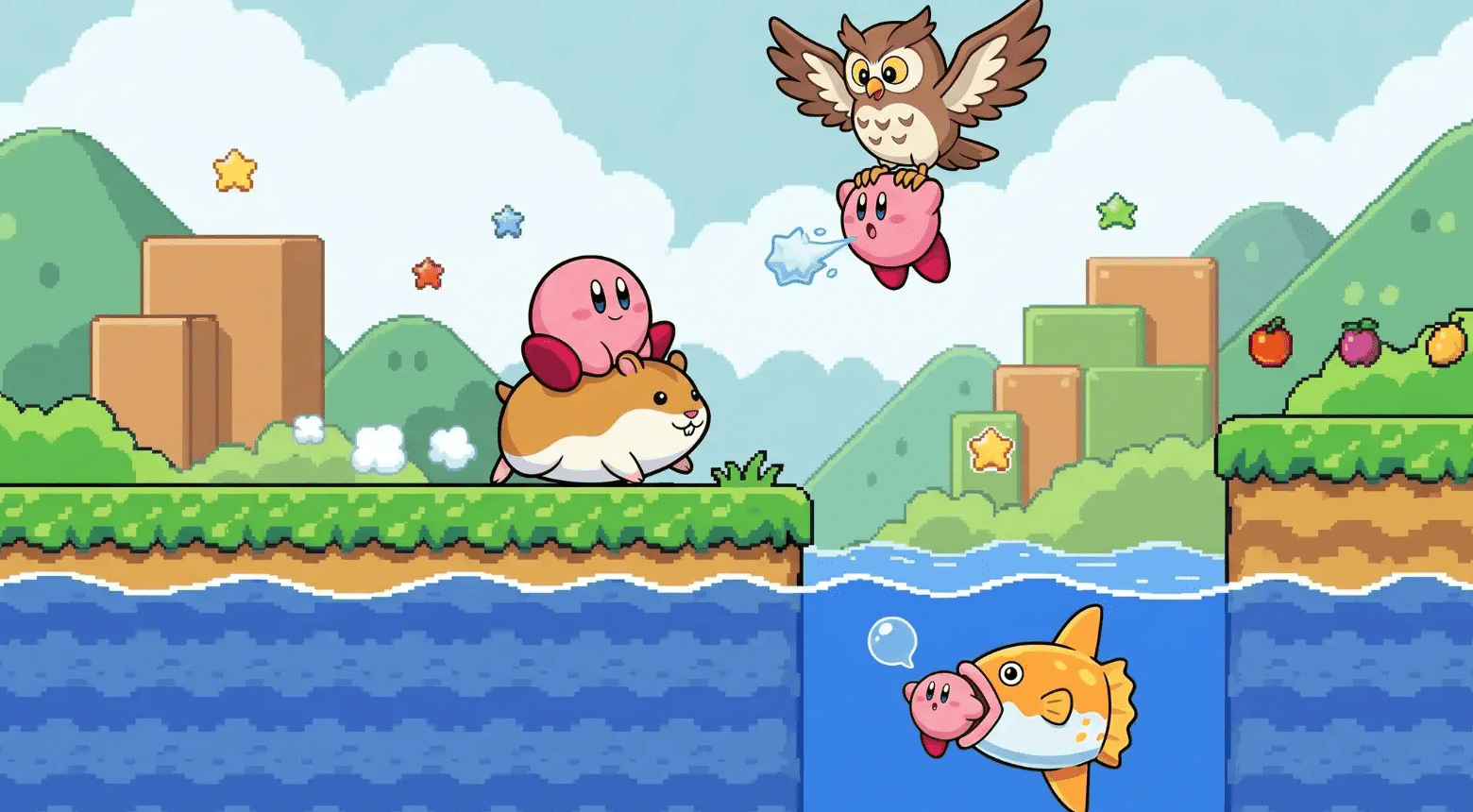 Kirby with animal friends navigating a level using abilities
