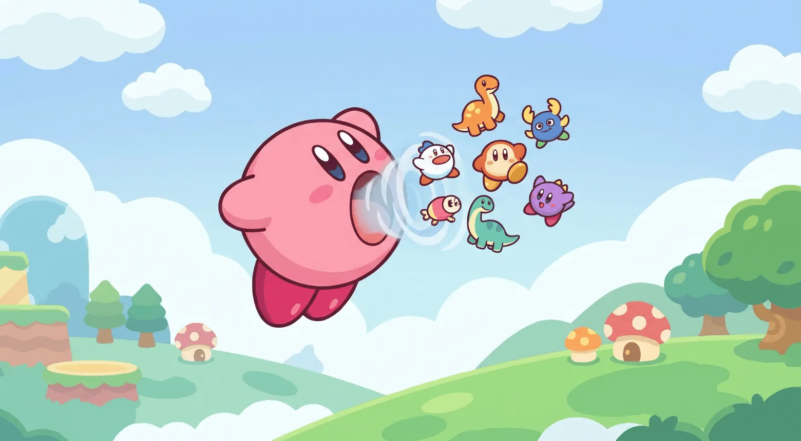 Kirby floating and interacting with enemies in a level