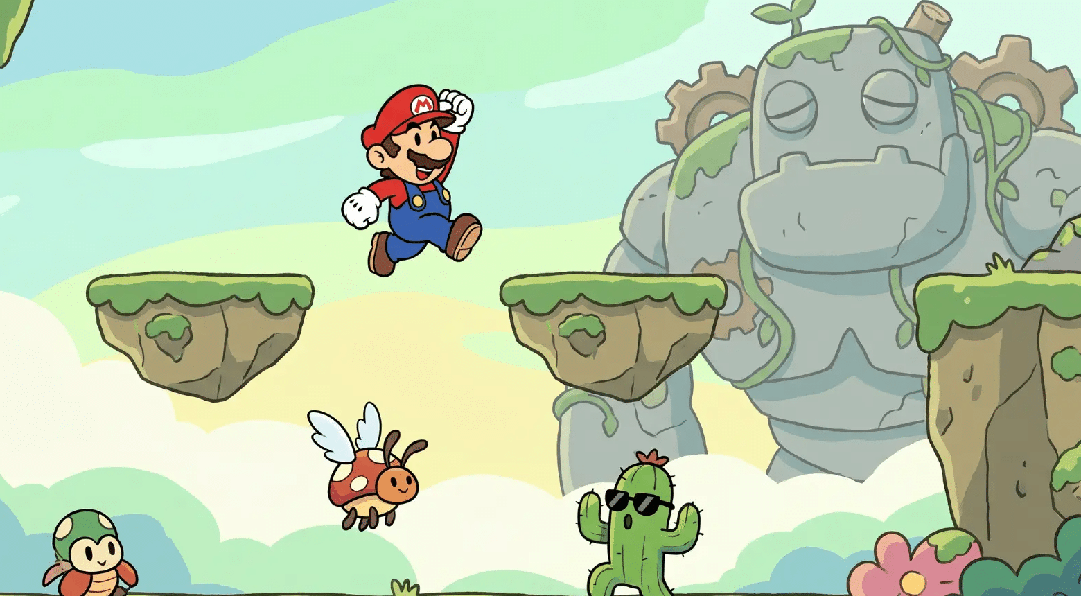Mario leaping over platforms with enemies and a boss
