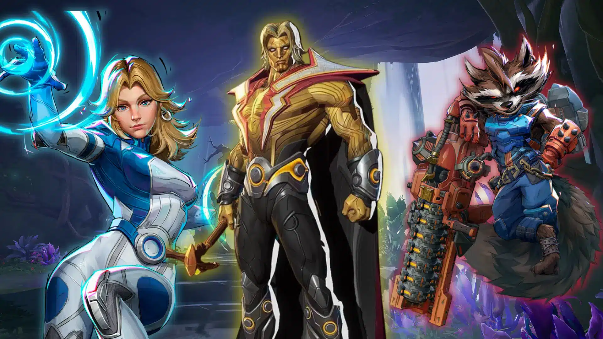 Invisible Woman, Adam Warlock and Rocket Raccoon from Marvel Rivals standing in a blue background