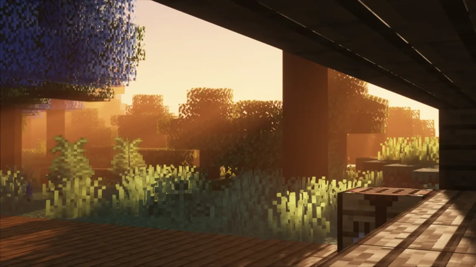 Minecraft world comparison showing improved lighting and visuals with Iris shaders enabled.