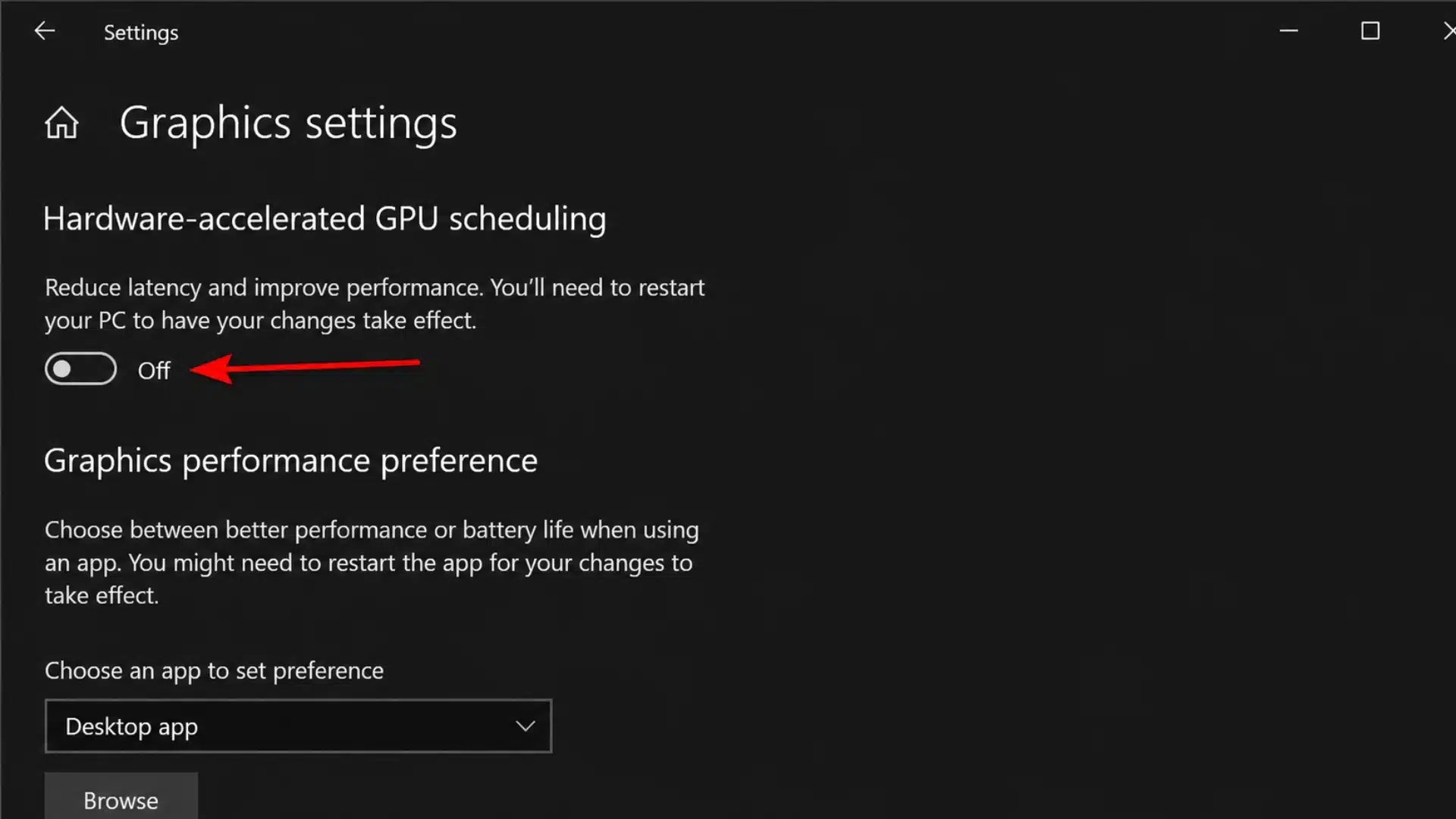 Windows Graphics Settings showing the Hardware-Accelerated GPU Scheduling toggle off