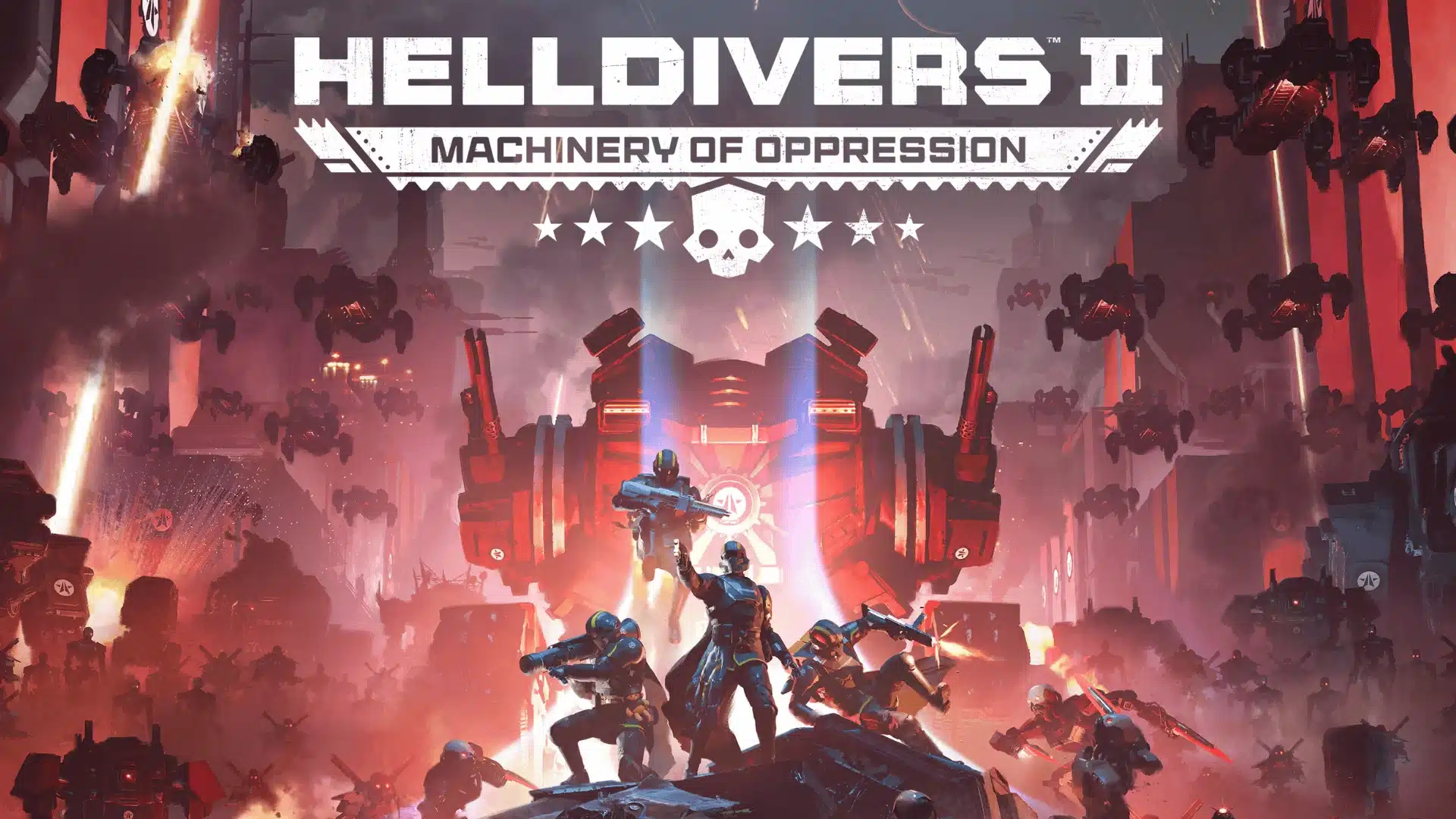 Helldivers II artwork shows armored soldiers battling robots in a chaotic war zone with explosions, dropships, and gunfire.