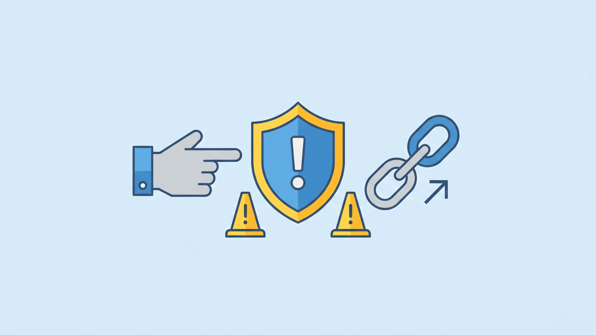 Illustration of a guide with external links and a shield icon indicating safe downloading practices
