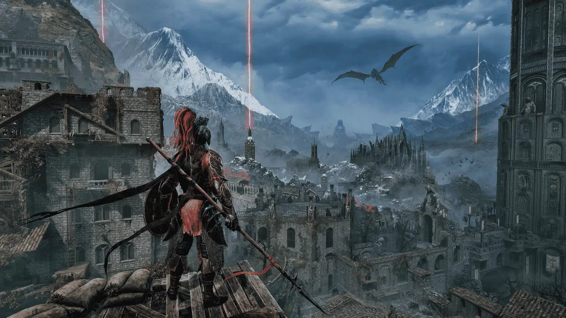 Lords of the Fallen gameplay showing an armored warrior overlooking a vast gothic city with a flying dragon.