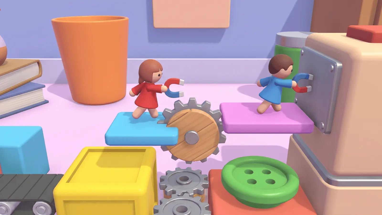 Two doll characters solving a platform puzzle with magnets