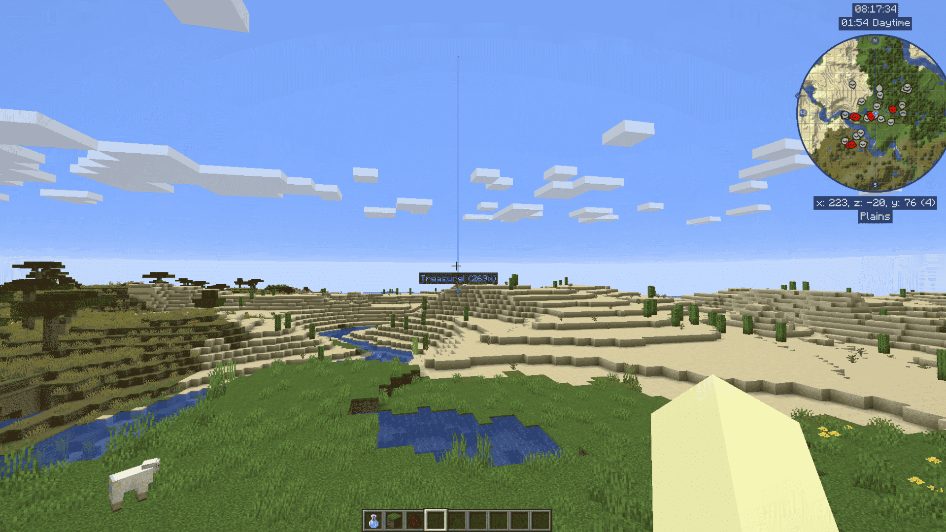 Minecraft JourneyMap mod screenshot showing desert plains, waypoint marker, and minimap overlay in game