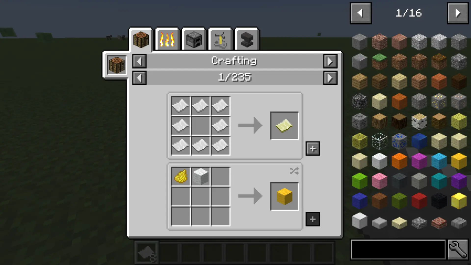Minecraft crafting interface displaying recipe lookup and item information with JEI mod.