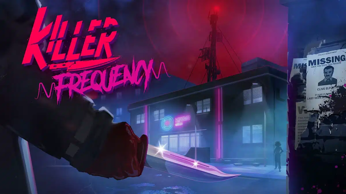 Killer Frequency game artwork showing a neon-lit horror scene with a radio station and dark city setting.
