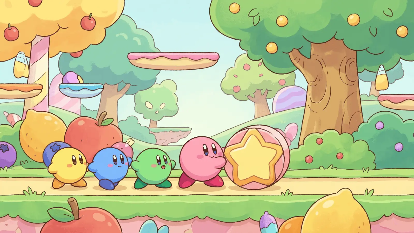 Kirby and friends playing together in cartoon style