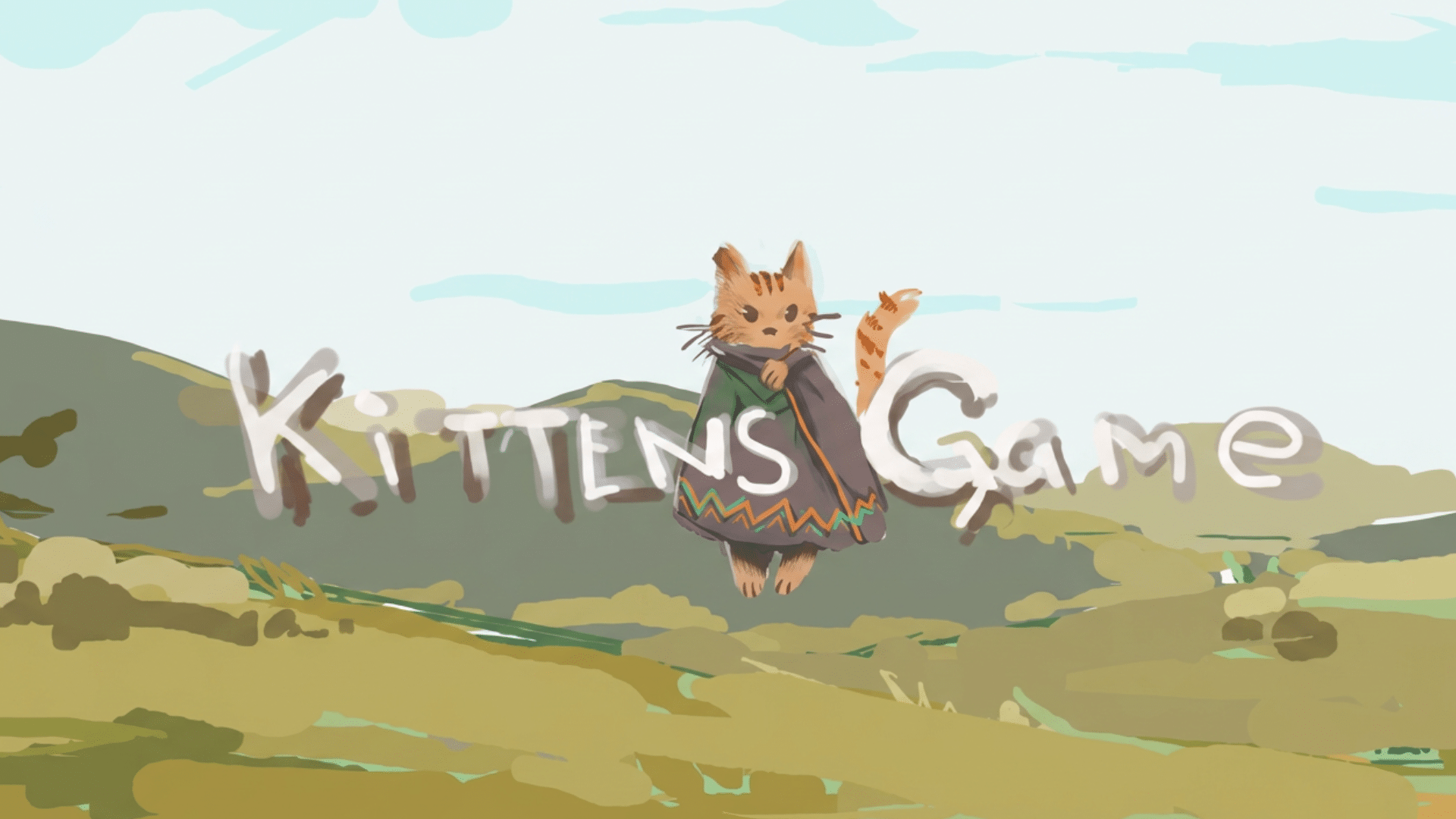 Kittens Game title screen showing a cartoon kitten over a quiet painted landscape