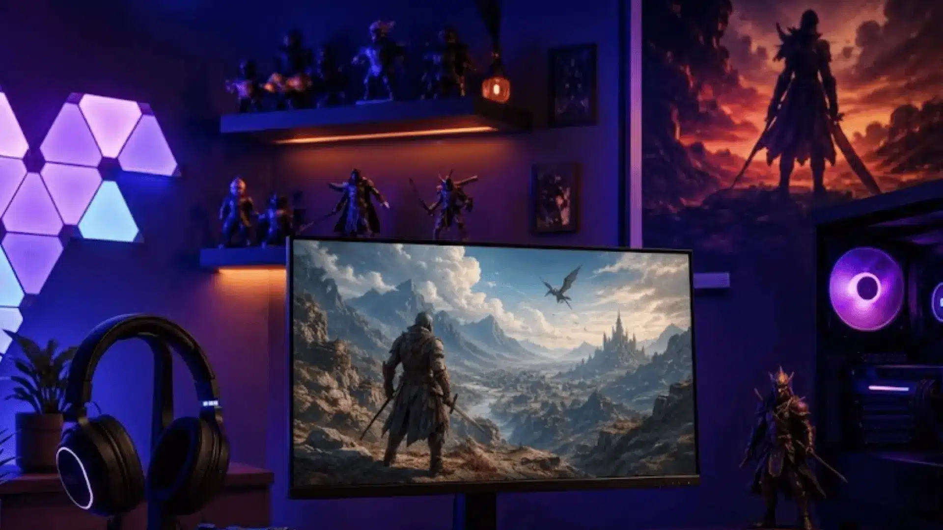 A gaming setup with a fantasy game on the monitor, a PC tower, headphones, and ambient purple and orange lighting.