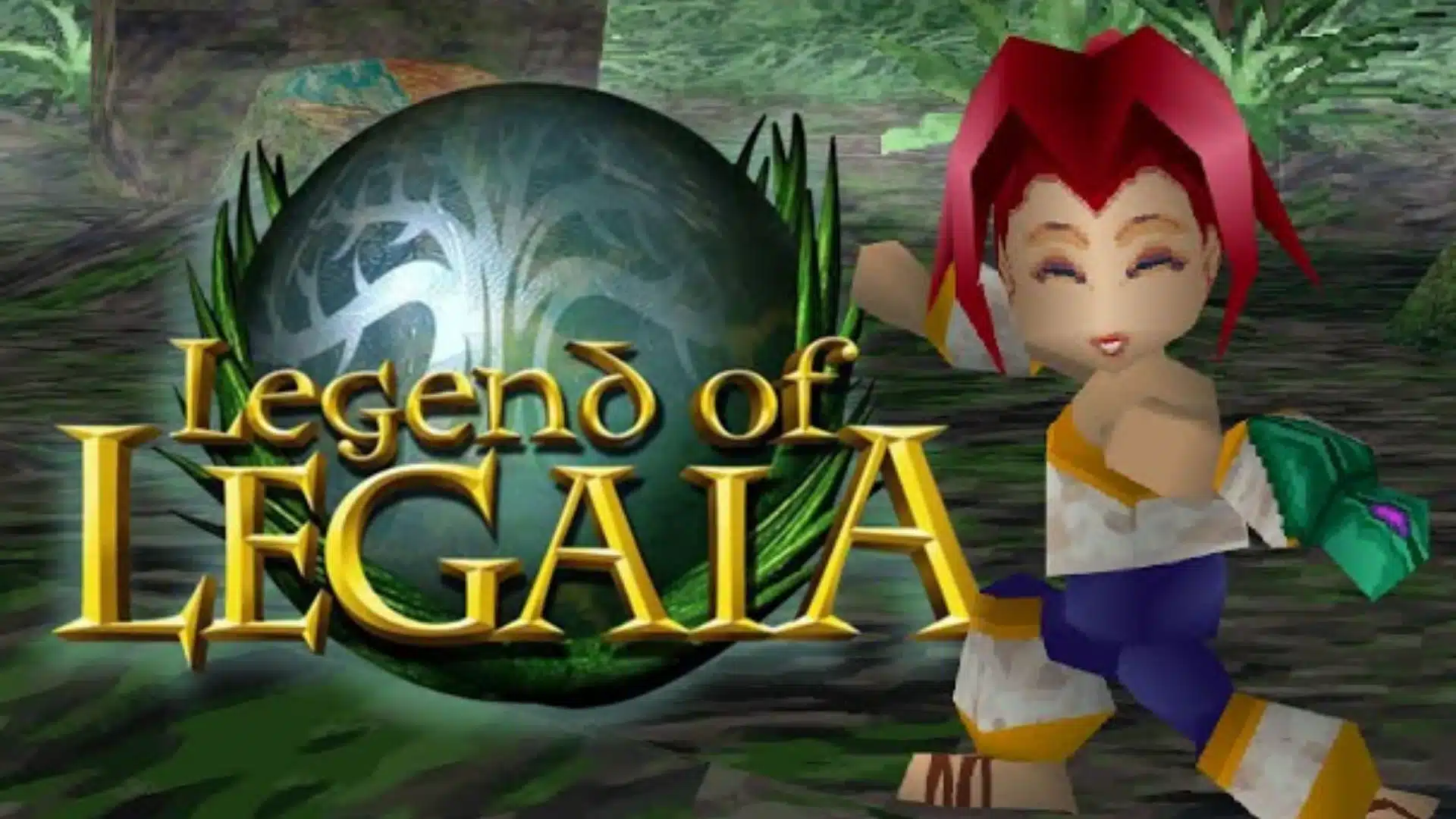 Legend of Legaia character poses beside the game logo in a lush green forest scene