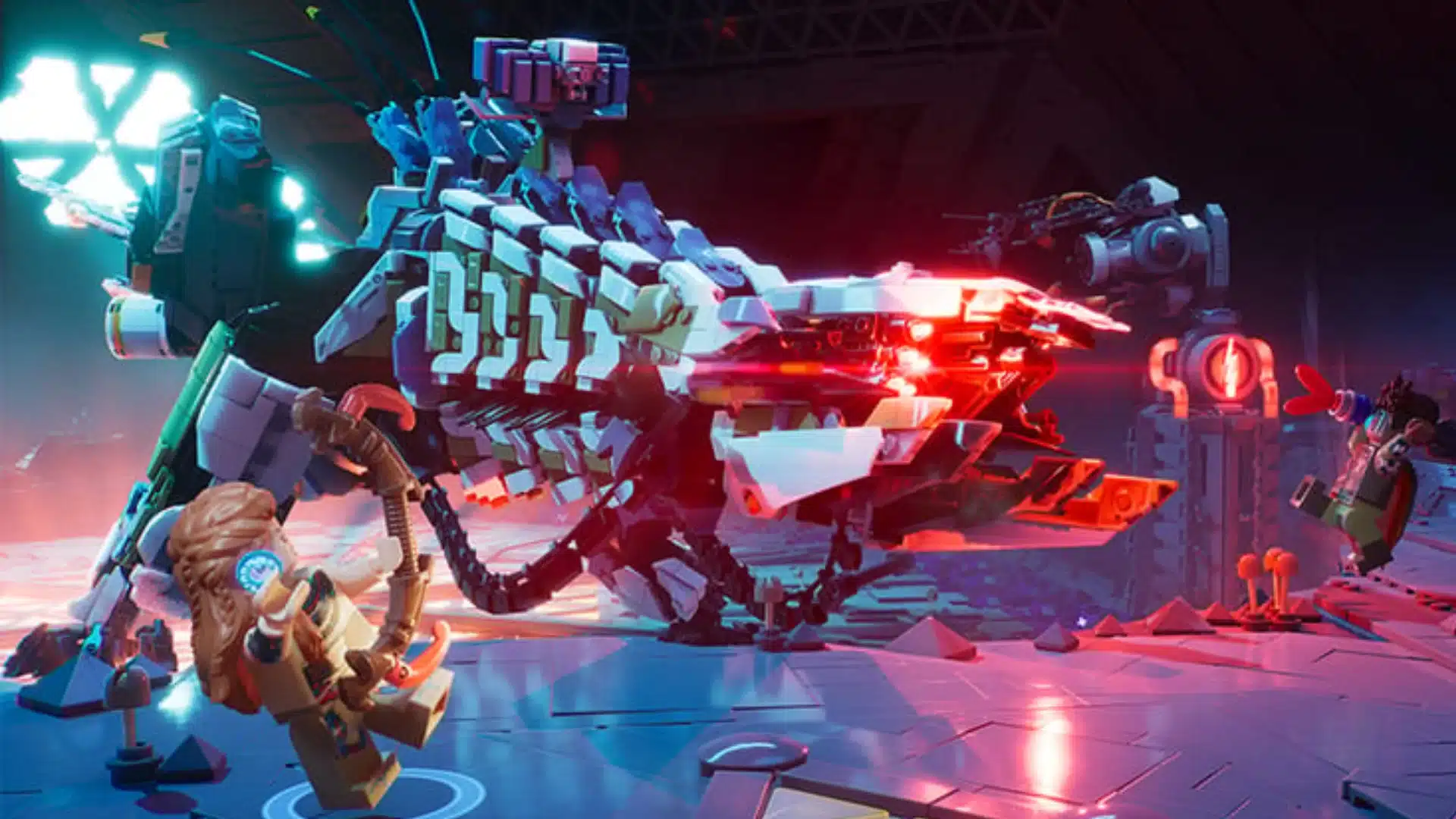 Aloy battles a massive robotic machine inside a glowing futuristic combat arena zone