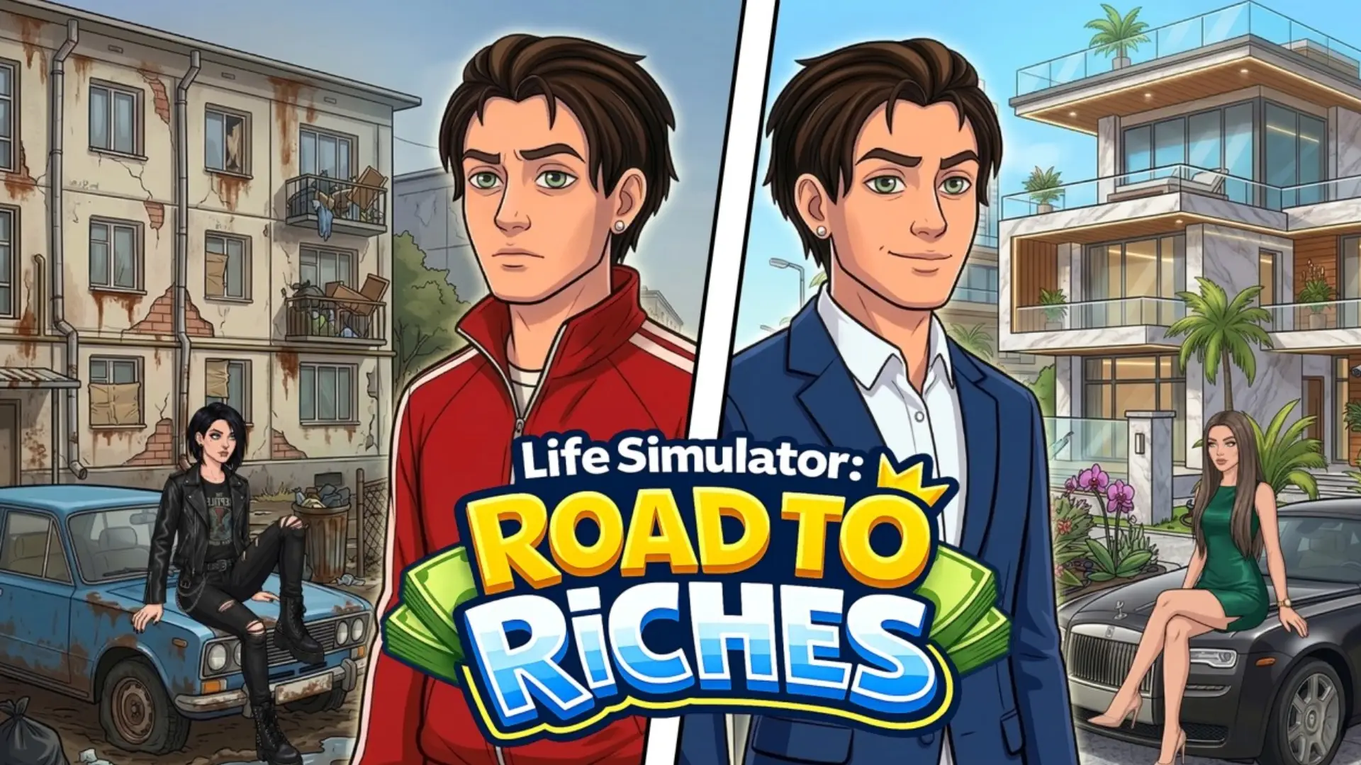 Life Simulator Road to Riches artwork showing a character moving from poverty to luxury