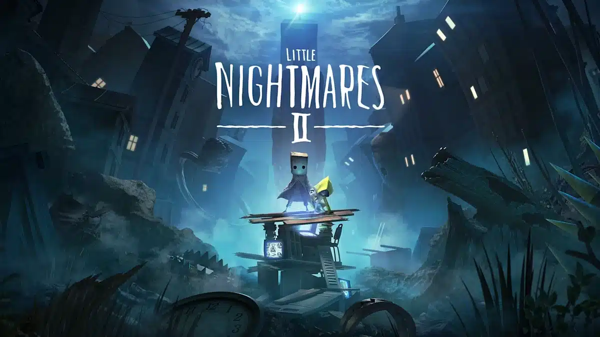 Little Nightmares II artwork showing two characters in a dark, ruined city under a blue night sky.