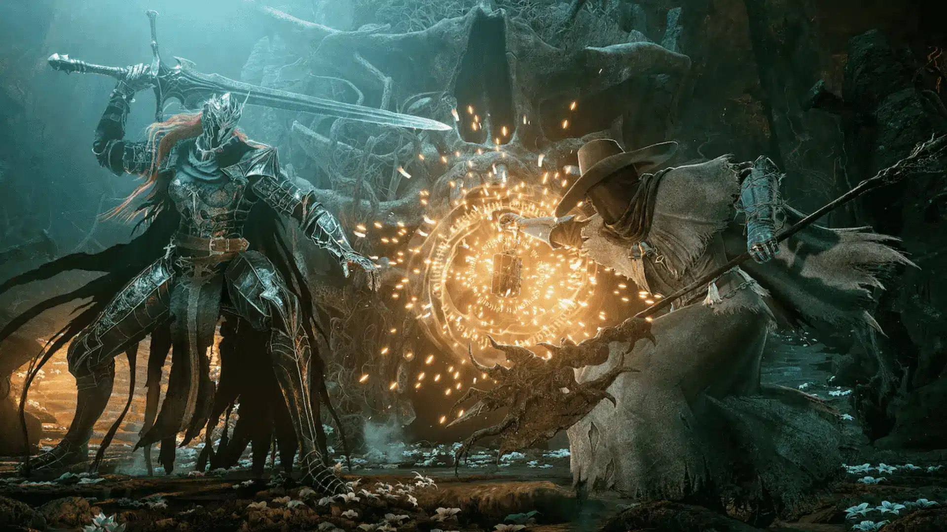 Lords of the Fallen gameplay showing a knight with a massive sword fighting a cloaked figure using magic.