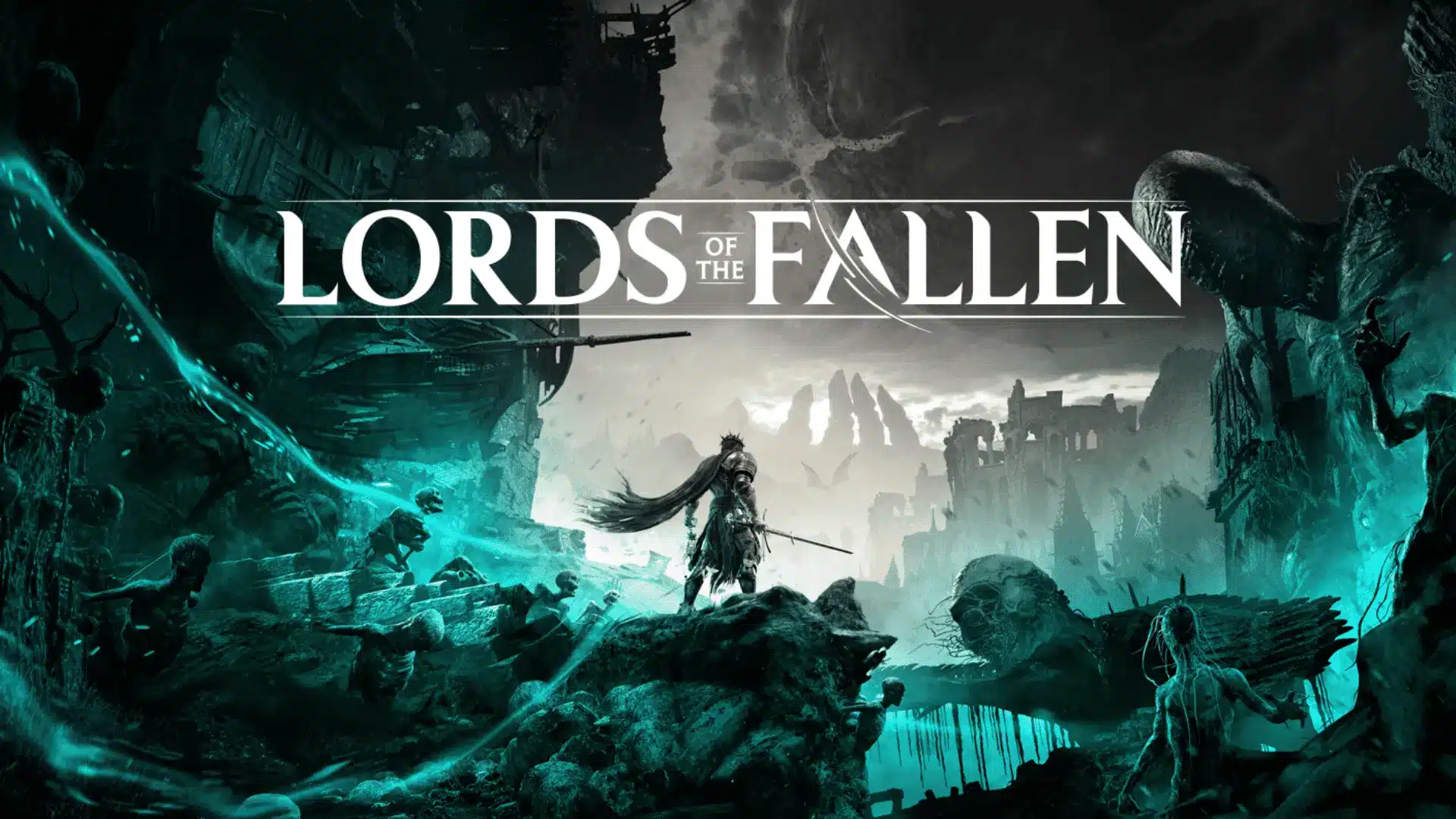 Official key art for Lords of the Fallen showing a dark knight overlooking a ruined landscape with the game's logo.
