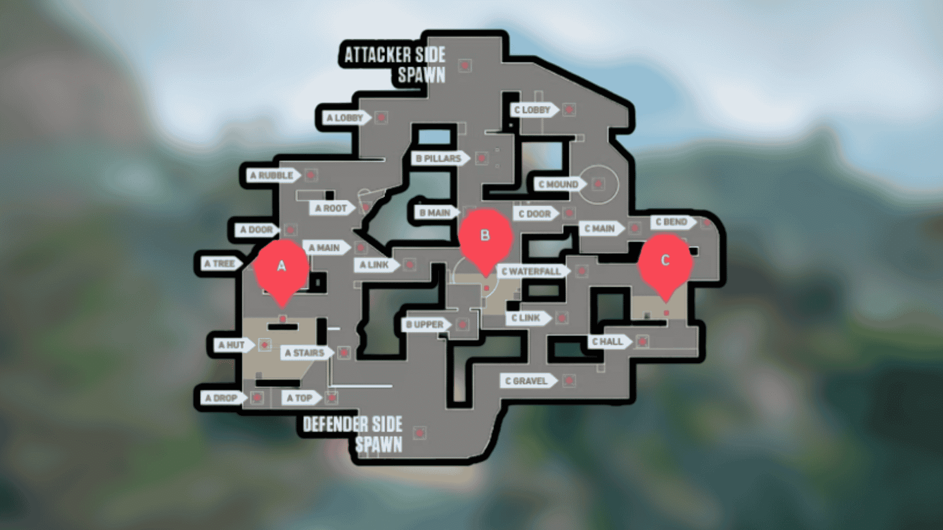 Valorant Lotus map layout showing A, B, and C sites, attacker spawn, defender spawn, and key callouts.