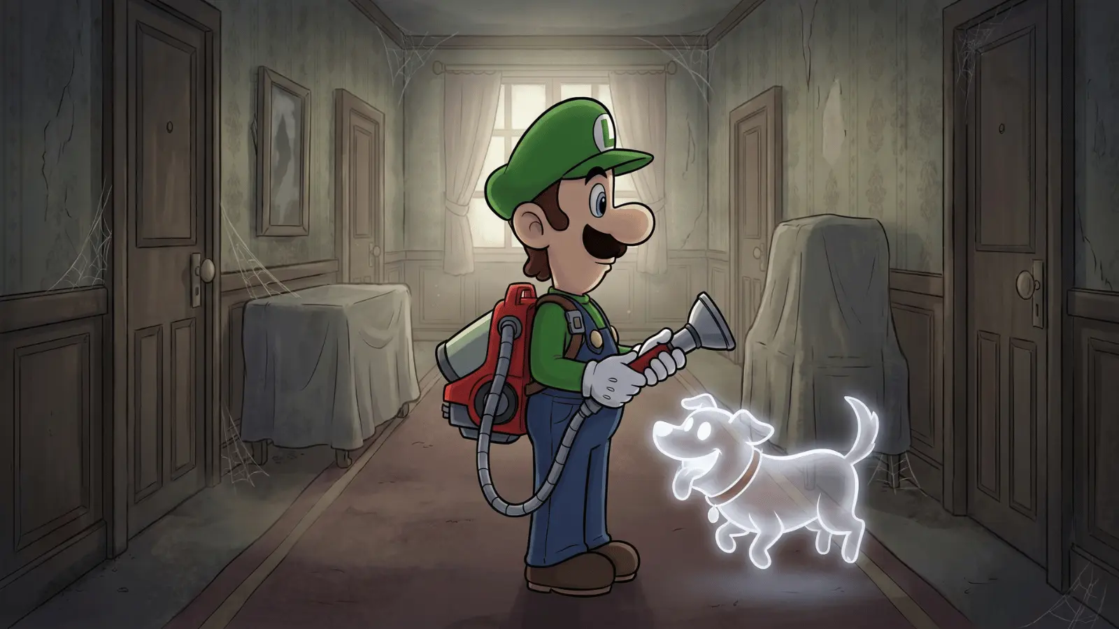 Luigi with Polterpup in a haunted hotel corridor in cartoon style