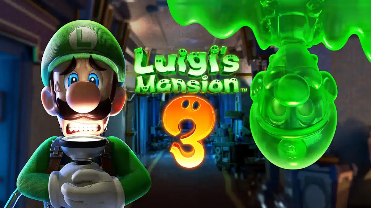 Luigi's Mansion 3 artwork showing Luigi with a ghost-catching device and a glowing green ghost.