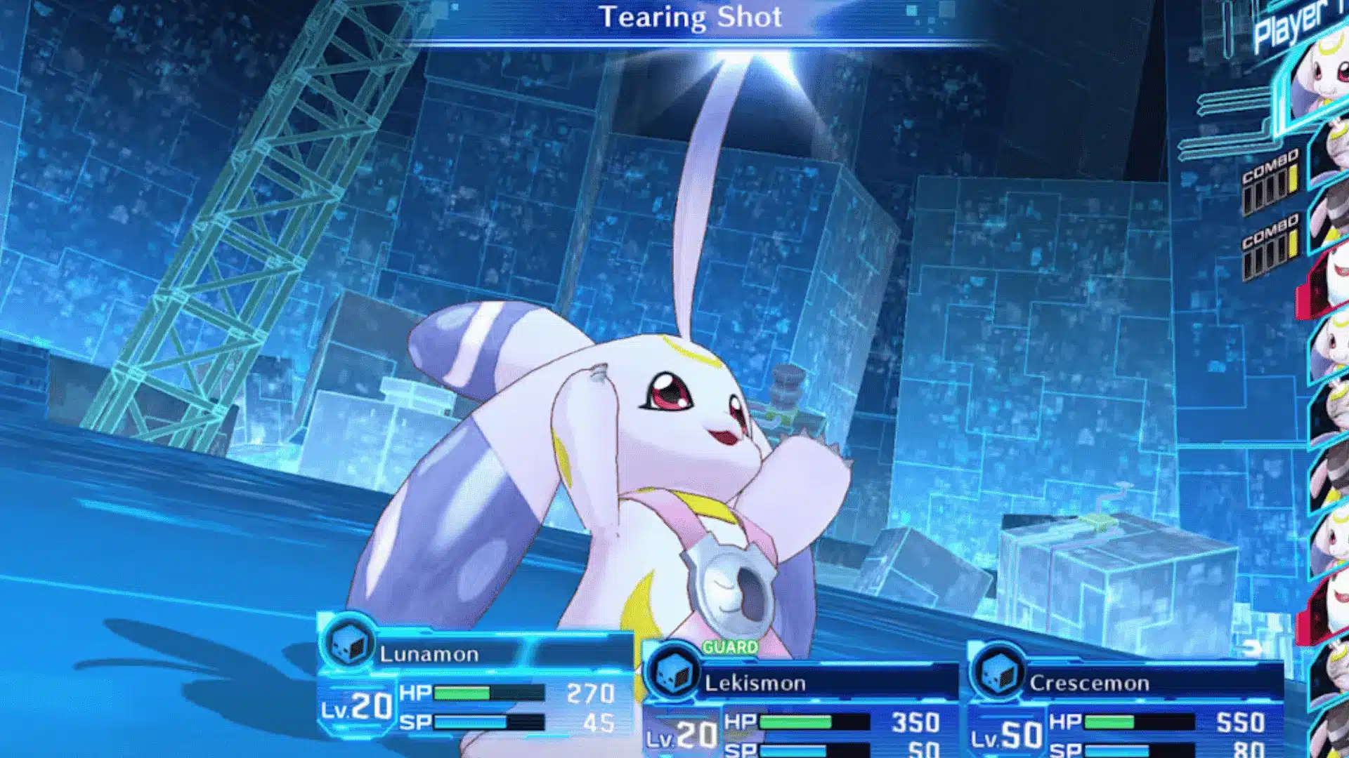 Lunamon, a rabbit-type creature from Digimon Story: Cyber Sleuth using a special move.