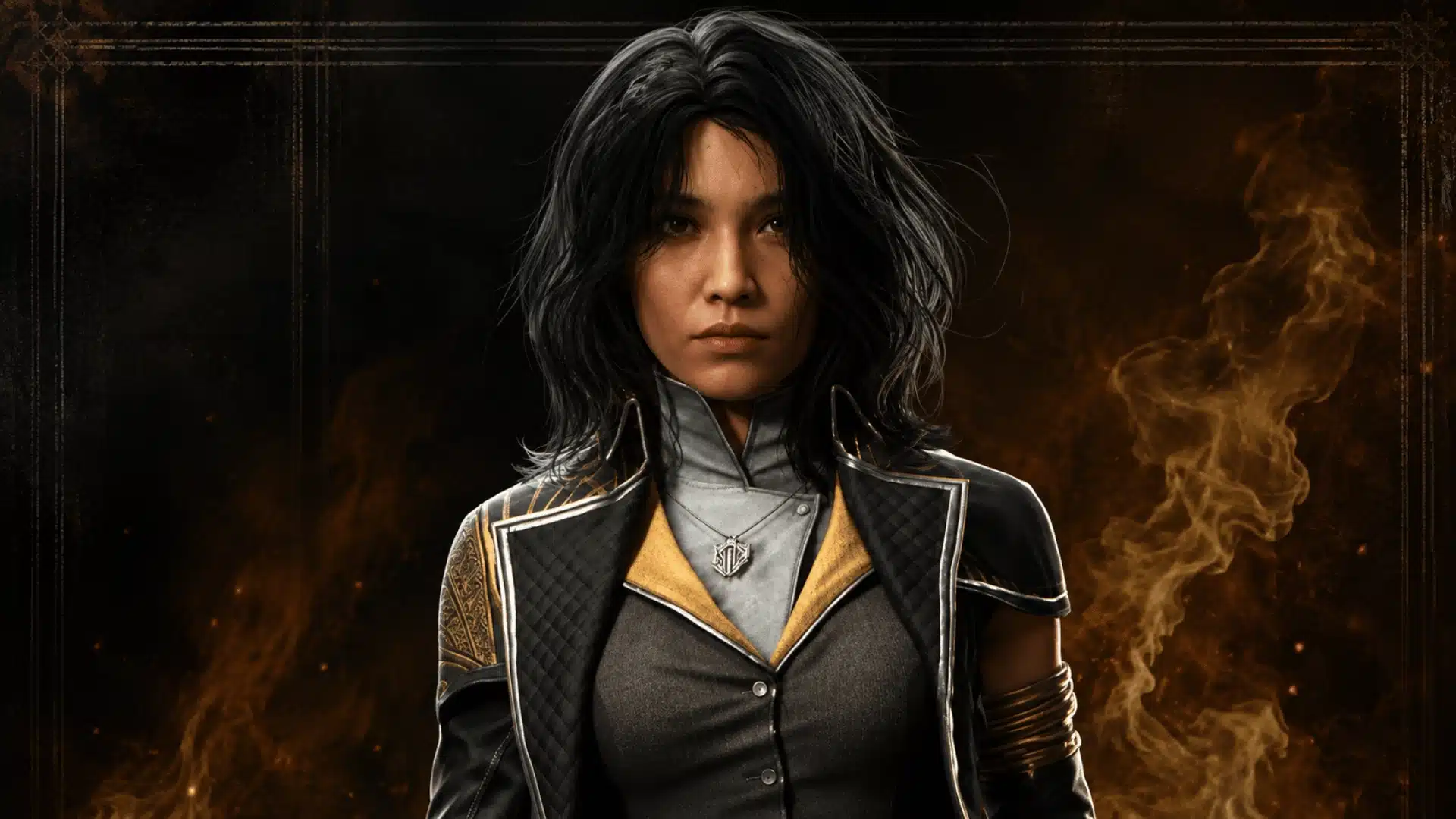 Lune in a black and gold fantasy uniform standing against a smoky, firelit background.