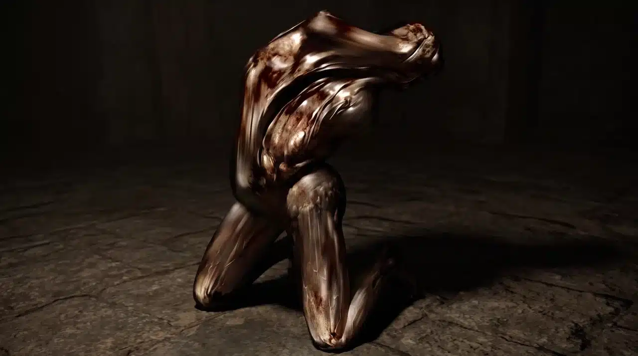 Lying Figure kneeling in a restrained, twisted pose on a dark stone floor