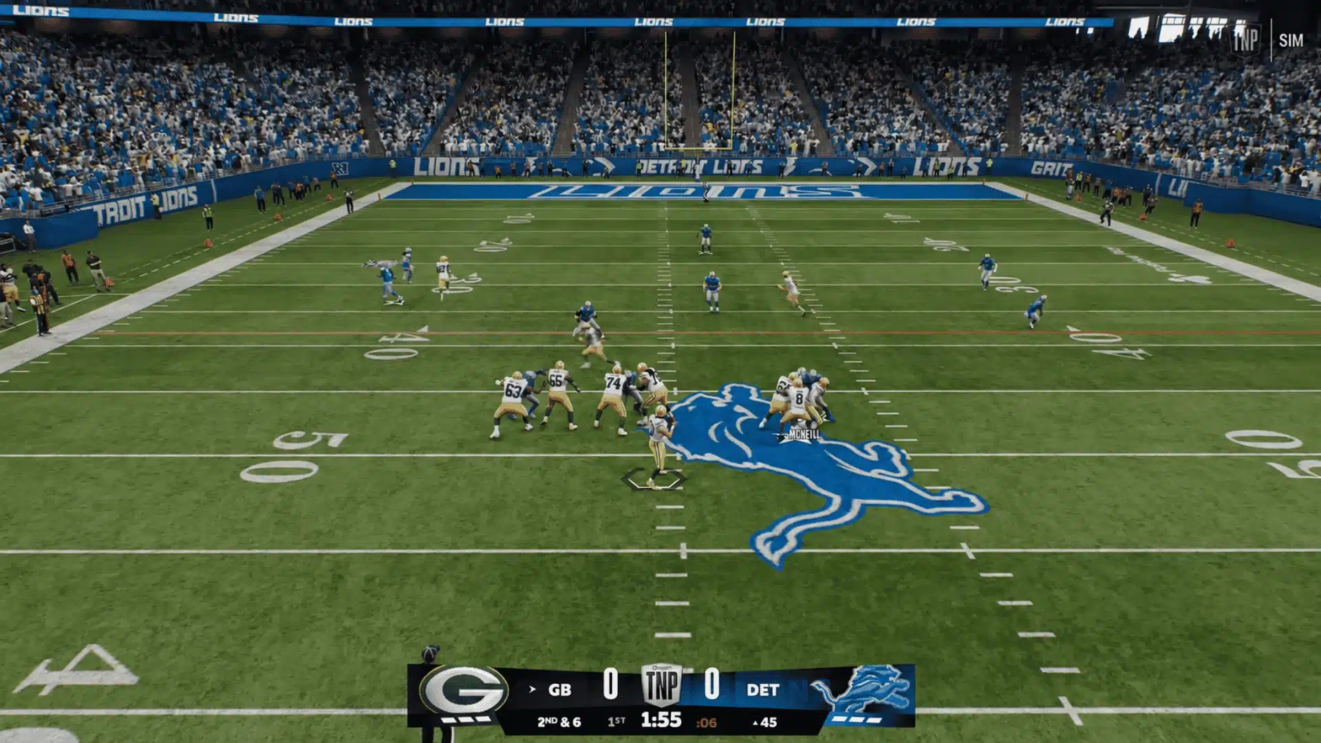 Madden NFL gameplay, Packers vs Lions, 0–0 in 2nd quarter. Packers on offense, 2nd & 6, 1:55 left.
