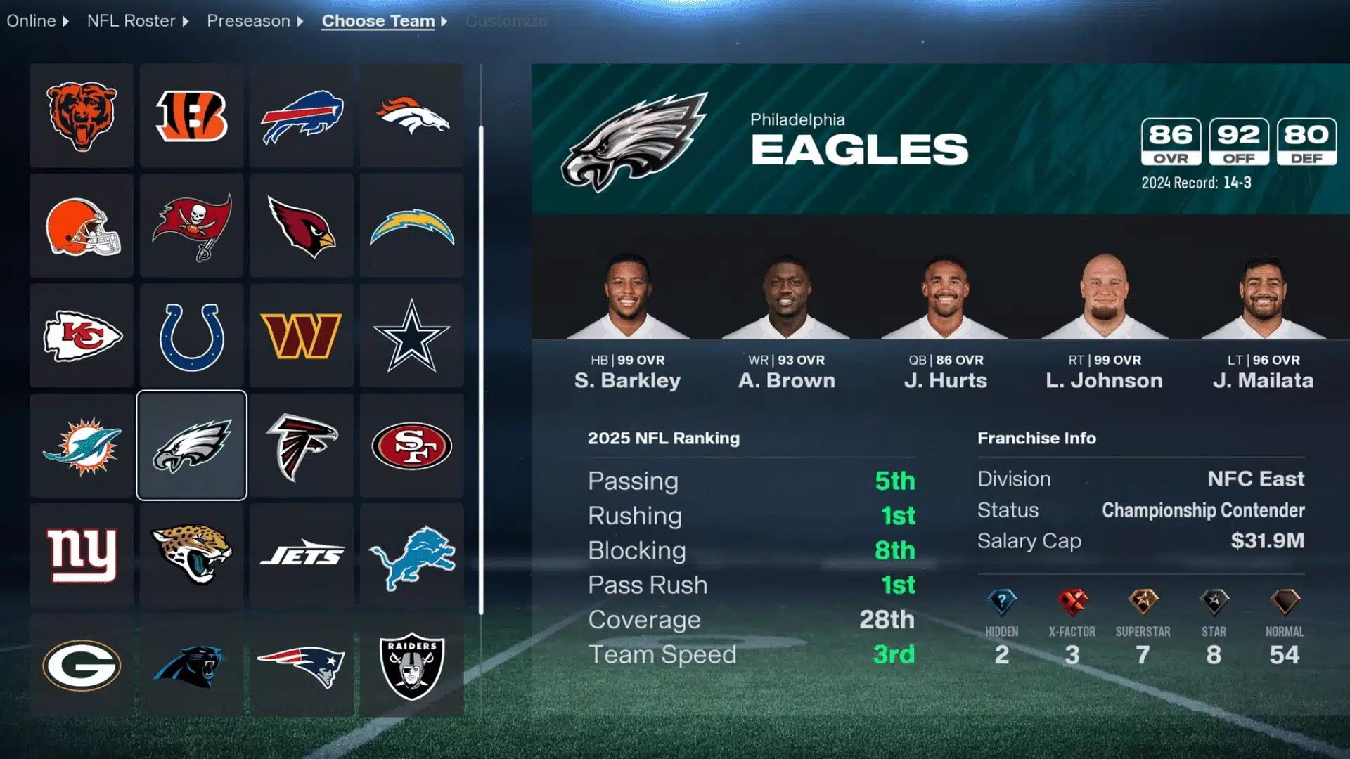 Madden NFL video game menu showing a team selection screen highlighting the Philadelphia Eagles franchise info.